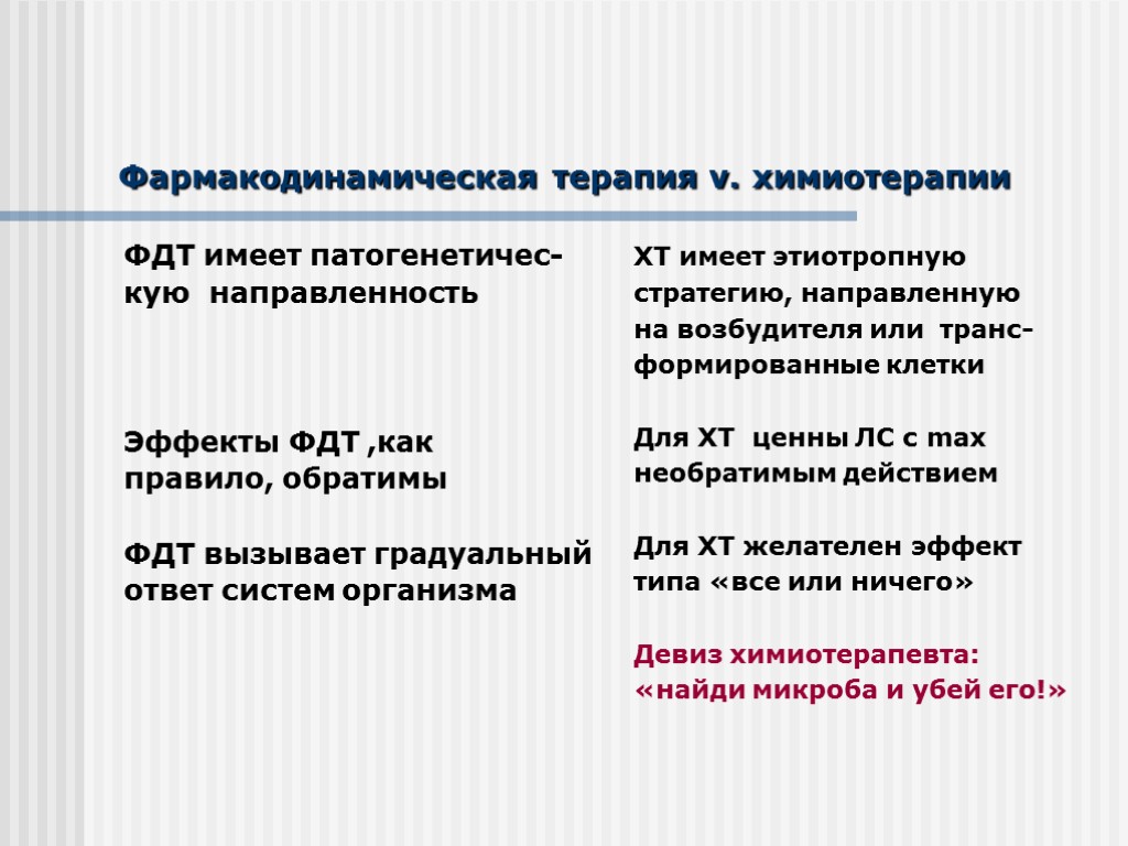 Фармакодинамическая терапия v. химиотерапии ФДТ имеет патогенетичес- кую направленность Эффекты ФДТ ,как правило, обратимы